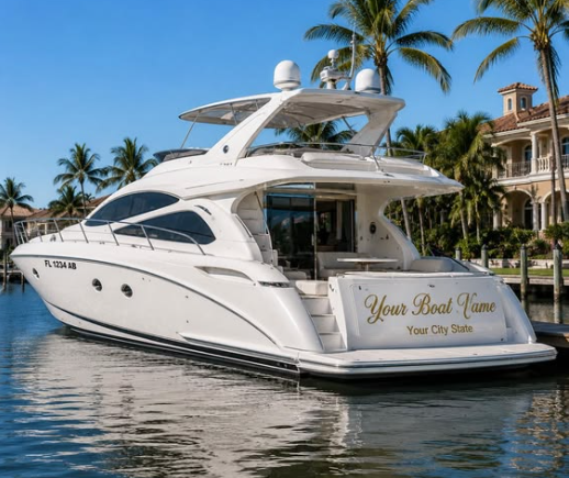 Custom gold boat name lettering on the transom of a motor yacht