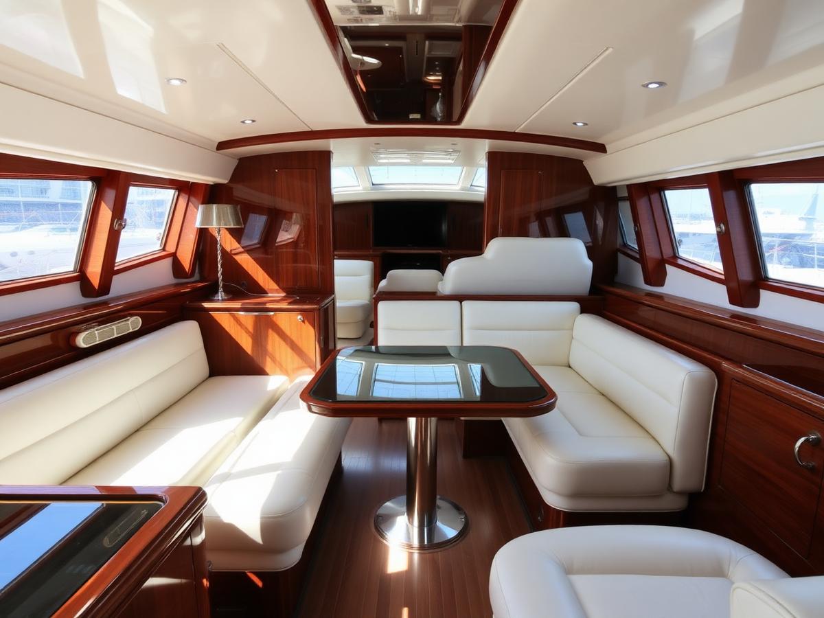 Detailed yacht salon with glossy joinery and clean upholstery